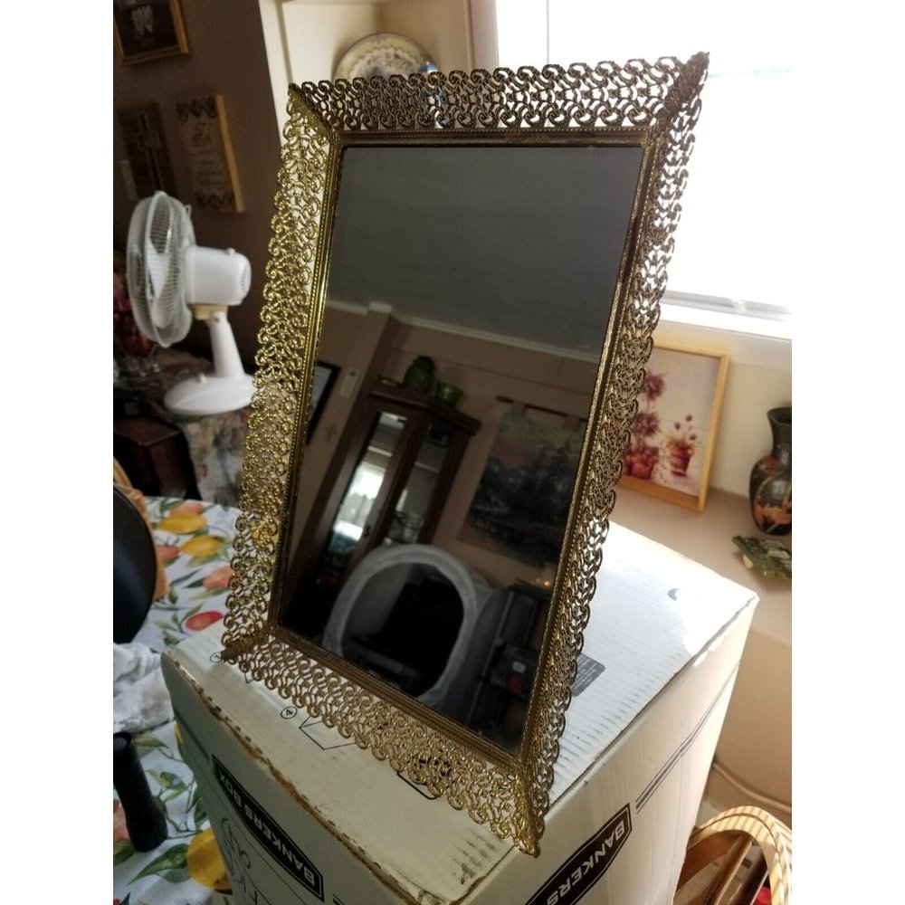 Vanity Dresser Mirror Tray with Filagree Gold Tone Metal Frame Vintage Rectangle - Picture 9 of 11